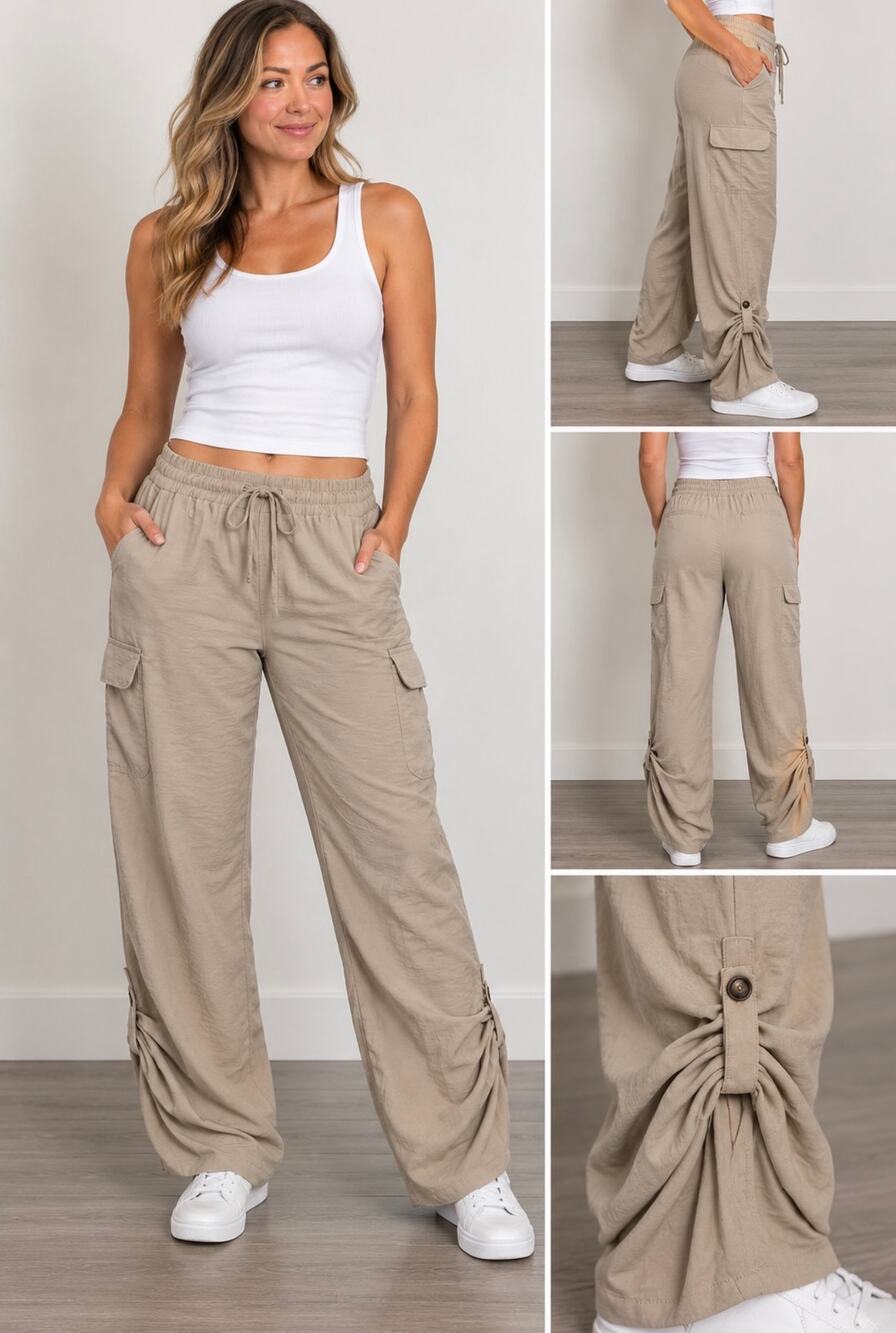 NY Collection Women 1X Beige Cargo Pants Pull On Ruched Convertible Jogger